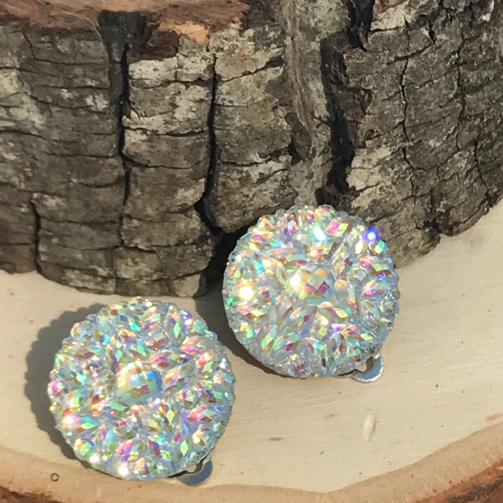 Iridescent Circle Stud Clip On Earrings - Picture 5 of 5